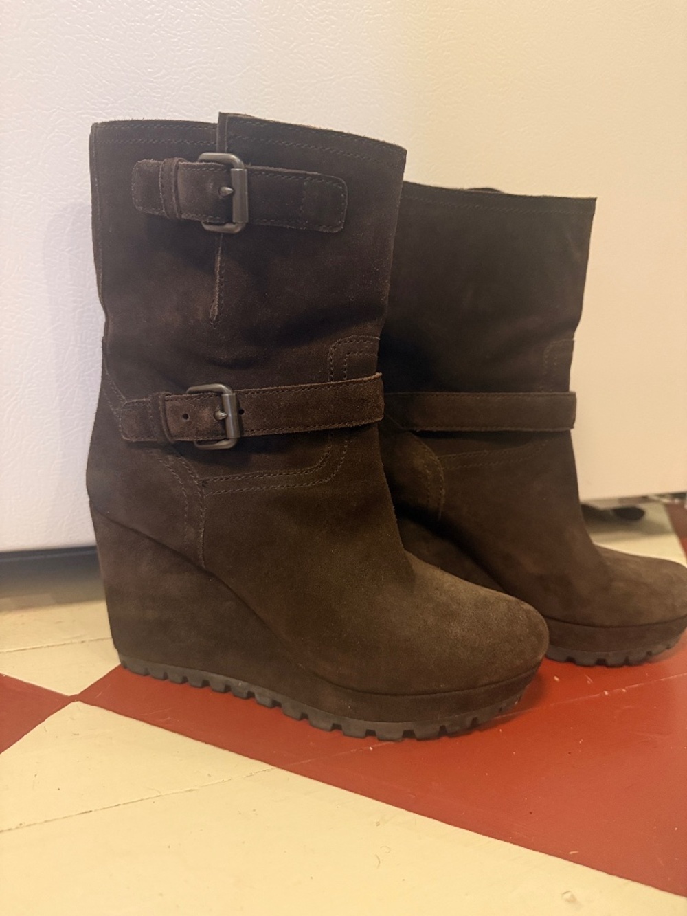 Prada Brown Suede Wedge Boots with Buckle Straps lite lug sole
